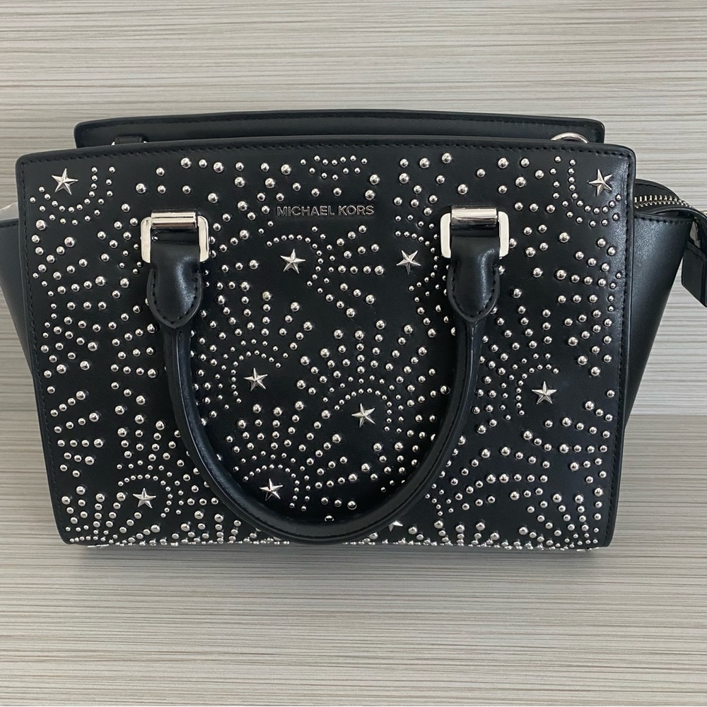 Michael Kors Selma Black & Silver Firework Star Studded Leather Satchel NEW